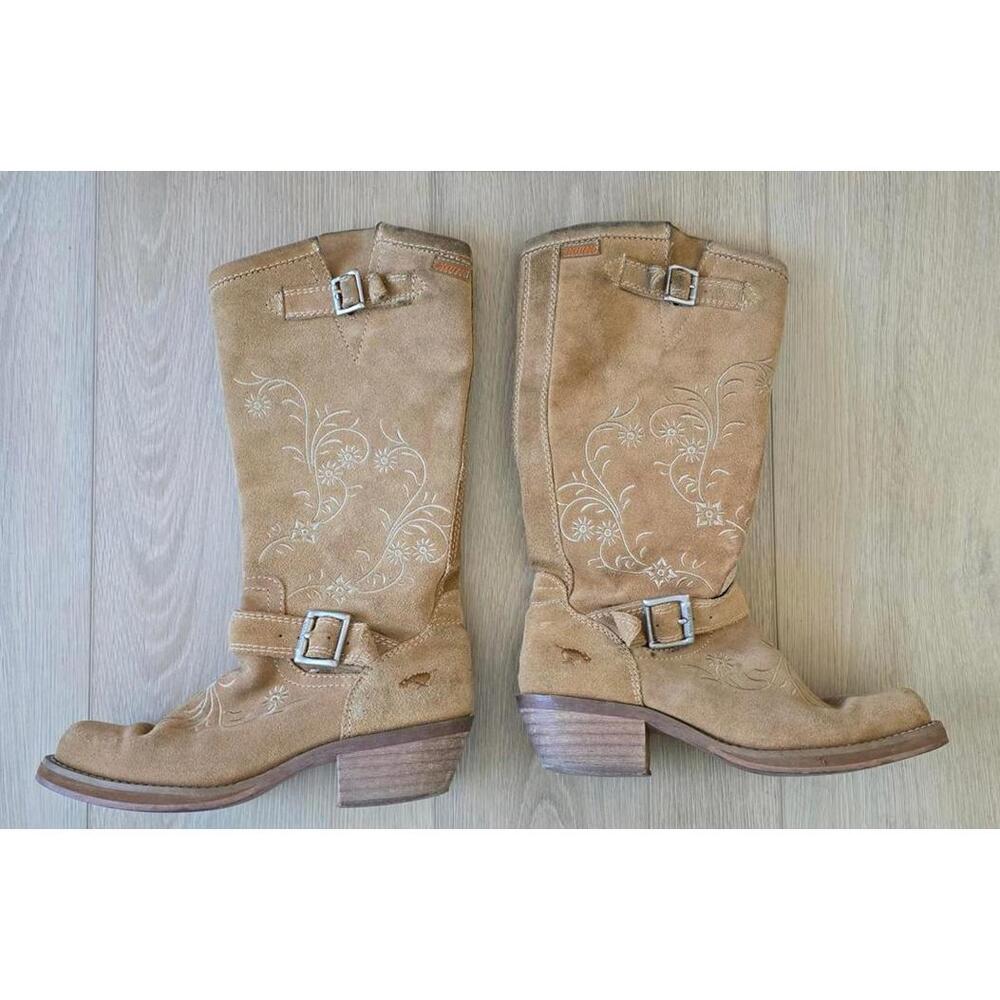 Tan Suede Mid-Calf Western Boots with Buckle Detail